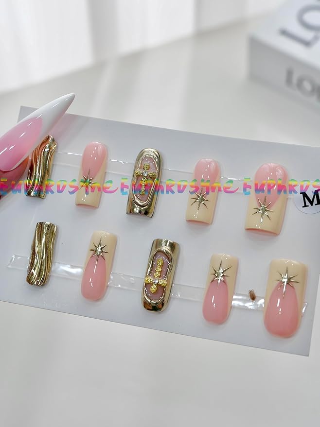 Euphrosyne Luxury Press On Nails – 10pcs Long Square Nude Pink Fake Nails with Gold 3D Star Charms & Baroque Relief Design | Glam Stick-On Nails for Women, Retro Nail Art for Party & Fashion Look