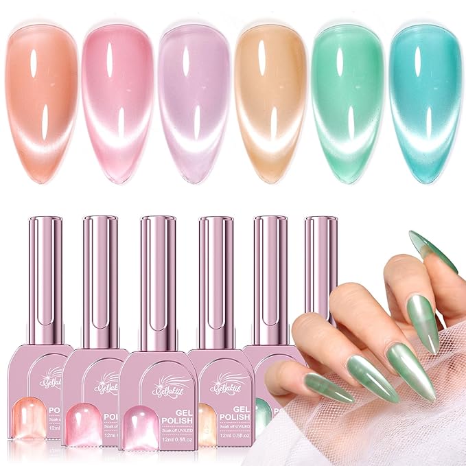Cat Eye Gel Nail Polish Set, 6 Colors 12ML Glass Nail Polish Gel with Magnet, Soak Off UV LED for Home Salon Manicure Gift for Women