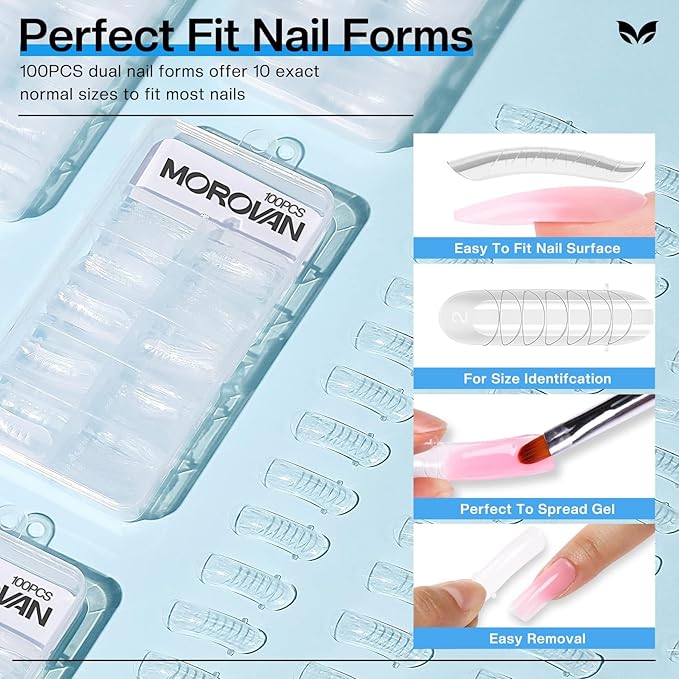 Morovan Nail Slip Solution Kit: 2.5 OZ Anti‑Stick Gel Liquid for PolyGel Nails with Dual‑Ended Brush & Nail Forms Ideal Easy Spread for Beginners