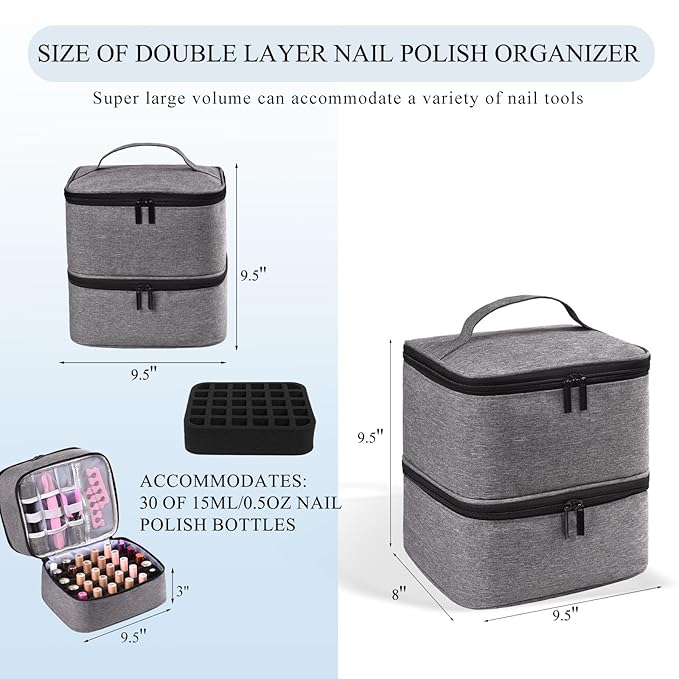 Nail Polish Organizer, Nail Polish Storage Holds 30 Bottles & Nail Lamp, Double Layer Nail Bag Organizer Case, Portable Nail Polish Holder for Nail Tech Travel & Manicure Kit