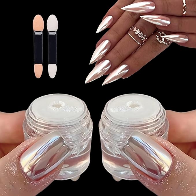 2PCS Magic White Chrome Nail Powder, Super Glossy Mirror Effect Metallic Nail Powder Nail Glitter Manicure Pigments for Nail Art Design