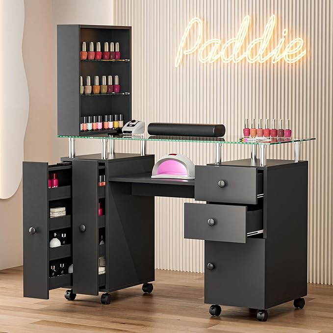 Paddie Manicure Table Nail Tech Table, Glass Top Nail Desk Station for Nail Tech w/Shelves & Wrist Cushion, Acetone Resistant Beauty Salon Workstation w/Lockable Wheels(Black)