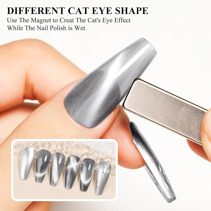 Silver Cat Eye Nail Polish Non Gel, Air Quick Dry Mooncat Nail Polish Magnetic Fingernail Polish Metallic Nail Lacquer Holographic for Nail Art Long Lasting 1PC