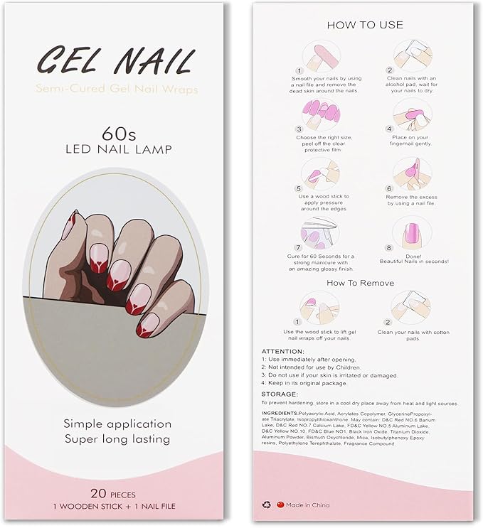 JMEOWIO Gel Nail Stickers Valentines Day Cream Pink Glitter Red Heart Semi Cured Gel Nail Strips Wraps UV/LED Nails Art Design Decoration Accessories