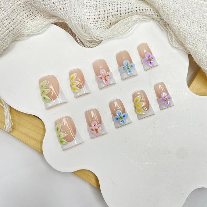 Handmade Press on Nails White French Press on Nails Short Duck Fake Nails Designs Colorful Flower False Nails Rhinestones Glossy Acrylic for Women Manicure Decoration (Size S)