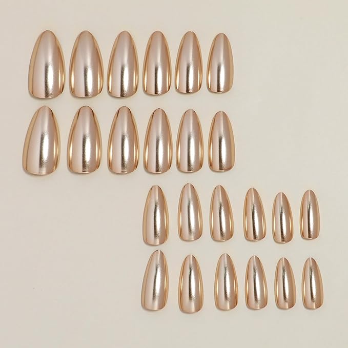 Gold Press on Nails Medium Almond Fake Nails Chrome Metallic False Nails Press ons Christmas Acrylic Glue on Nails Cute Artificial Stick on Nail for Women Manicure 24Pcs
