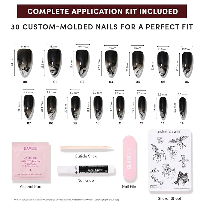 Glamnetic Press On Nails x Harry Potter™ - Dementor™ | Medium Almond Fake Nails with Smoky Black Gradient Tips, Salon Quality, Officially Licensed | 15 Sizes - 30 Nail Kit with Glue
