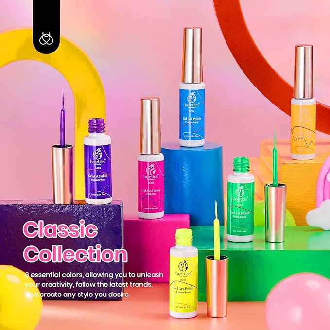 Beetles Summer Gel Liner Nail Polish Set - 6 Neon Gel Nail Polish Colors Hot Pink Orange Blue Yellow Paint for Nails Built Thin Brush in Bottle Soak off Uv LED Lamp Nails Art