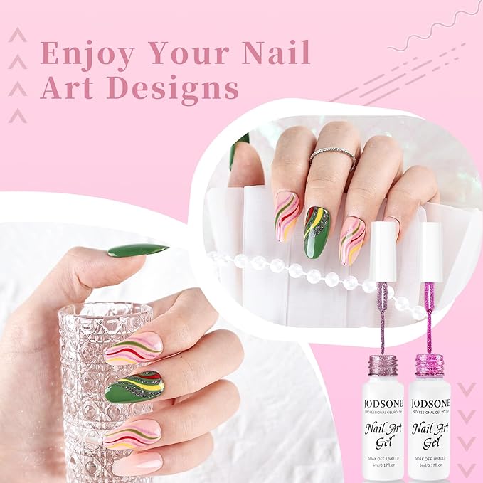 JODSONE Nail Art Gel Liner Set 10 Colors Glitter Purple Gold Green Gel Nail Polish Need U V Lamp Cured with Thin Brush at Home Salon Design,Valentines Gifts for Women