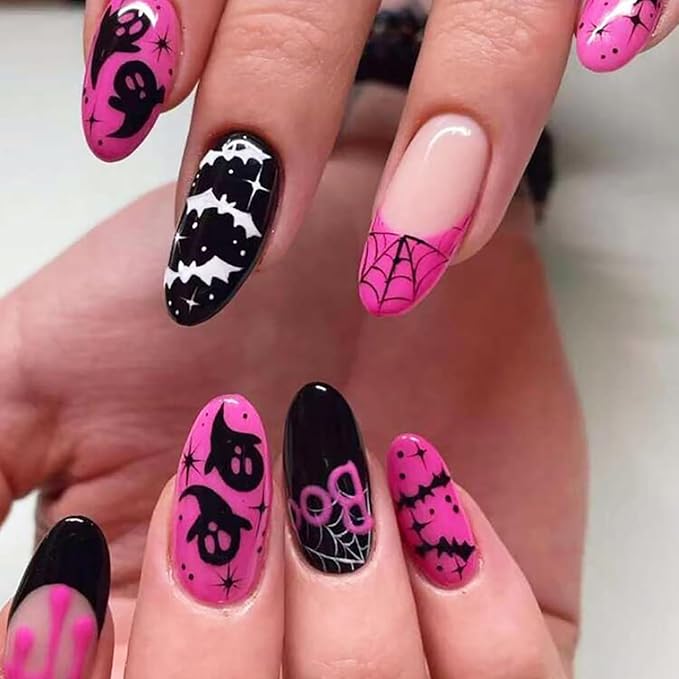 Halloween Press on Nails Oval Fake Nails French False Nails with Ghost & Spider Web Design Pink Acrylic Nails Full Cover Stick on Nails Artificial Nails Glossy Glue on Nails for Women 24Pcs