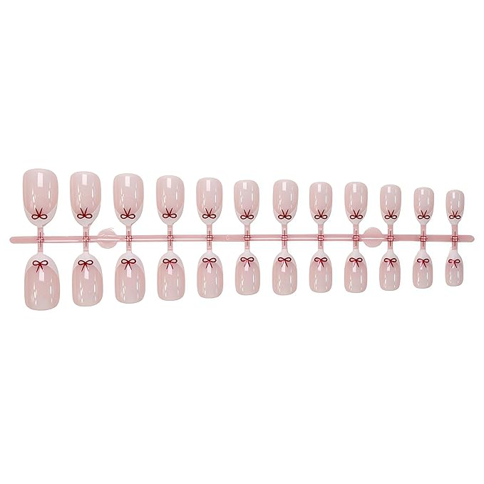 White French Tip Press On Nails Almond Short Fake Nails with Red Bow Design False Nails Valentines Day Bow Full Cover Acrylic Artificial Nails Press Ons Glue Stick On Nail for Women DIY Manicure 24PCS