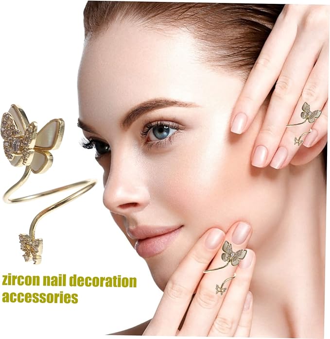 Butterfly Ring Sterling Silver Nail Art Decoration with Rhinestones Adjustable Finger Nail Ring for Women Stylish Charm Jewelry for Parties Weddings and Daily Wear