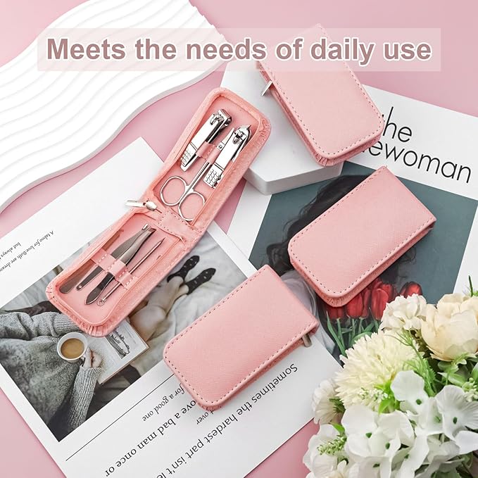 Manicure Set Bulk, Nail Clippers Kit Stainless Steel Fingernail Clippers Set, Sturdy Nail Tip Cutter Trimmers Professional Grooming Toenail Clippers Personal Pedicure Kits 8 in 1 (Pink 12 Pack)