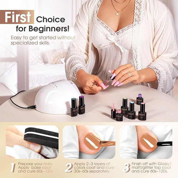 ROSALIND 30pcs Gel Polish Nail Set with Base Gel Top Coat (Glossy Matte and Glitter), 20 Fall Winter Colors Gel Nail Polish 6pcs Reflective Glitter Effect Nail art for Women