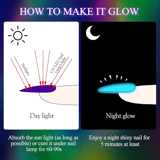Glow in the Dark Paint for Nail Art Kit, 12 Colors Neon Luminous Polish, Fluorescent Bright Colors Yellow Green Blue Orange Soak off UV Gel With Glow Effect