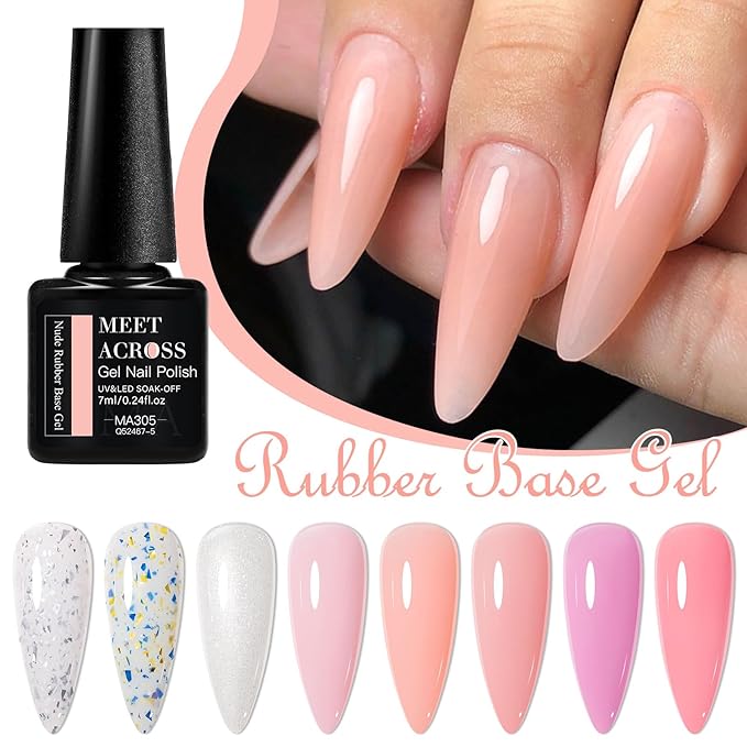MEET ACROSS 12 Pcs Color Base Gel Nail Polish, 8 Colors Nude Pink Gel Polish Set Neutral Gold Foil Base Coat 3 in 1 Builder Base for Nail Strengthener Soak Off Nail Art for Women