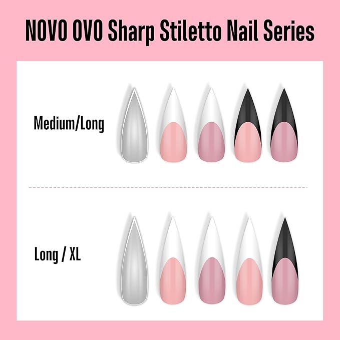 NOVO OVO White French Tip Long XL Sharp Stiletto Nail Tips Press on BABY PINK, Soft Gel Double Matte Fake Nail Extension, Full Cover False Nails for Acrylic DIY x 16 Sizes 160 pcs