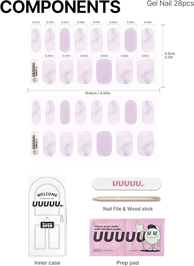 UUUUUU Semi Cured Gel Nail Strips | Salon-Quality | UV Free Gel Nail Wraps for Women | Easy Peel&Stick | Long-Lasting up to 14 Days | 28 Strips Set+File & Wipes | Gift-Ready (Cotton Candy)