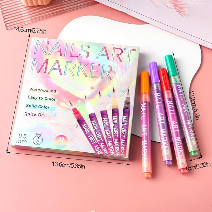 12 Colors Nail Art Pens Set, Nail Art Markers 0.5mm Fine Tip Polish Pens Graffiti Dotting Pen Drawing Painting Liner Brush for DIY Nails Design Decoration Manicure Tools