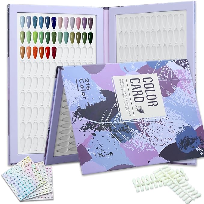 216 Nail Colors Book,Nail Color Display Book with 240 Nail Tips & 1-300 Number Labels,Professional Nail Color Swatches Book for Nail Polish Nails Art Design(Purple)