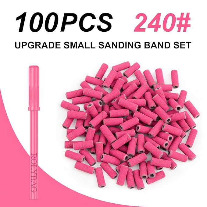 Rolybag 100pcs Small Sanding Bands Nail Drill Bits 240 Extreme Fine Grit Nail Sanding Bands with 3.1mm Mandrel Bit for Acrylic Nails Gel Removing Shaping Professional Manicures and Pedicure, Rose Red