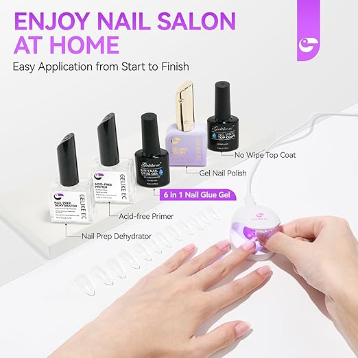 Gelike EC 6 in 1 Nail Glue Gel: 2 Pcs Gel Nail Polish for Press on Nails - Nail Glue Strong Easy and Long Last for False Acrylic Tip - Base Coat for Salon Home Polish