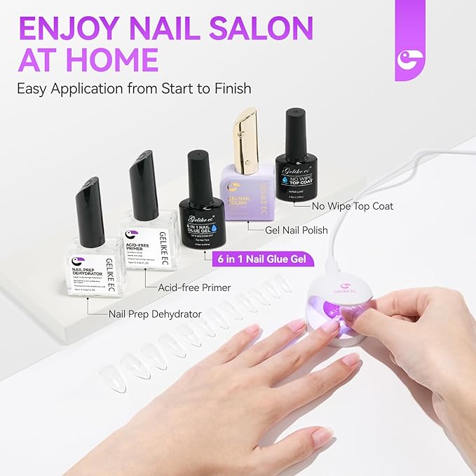 Gelike EC Gel Nail Glue for Press On Nails: 6 in 1 Strong UV Nail Glue for Nail Tips and Acrylic Fake Nail - Long Lasting 28 Days Quick Dry - Beginner Friendly DIY for Home Salon