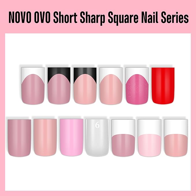 NOVO OVO Short Sharp Square Nail Tips Press on Pure Color Red, Need Builder Gel Top Coat Nail Glue, Soft Gel Matte Fake Nail Extension, Full Cover False Nails for Salon DIY x 15 Sizes 180 pcs