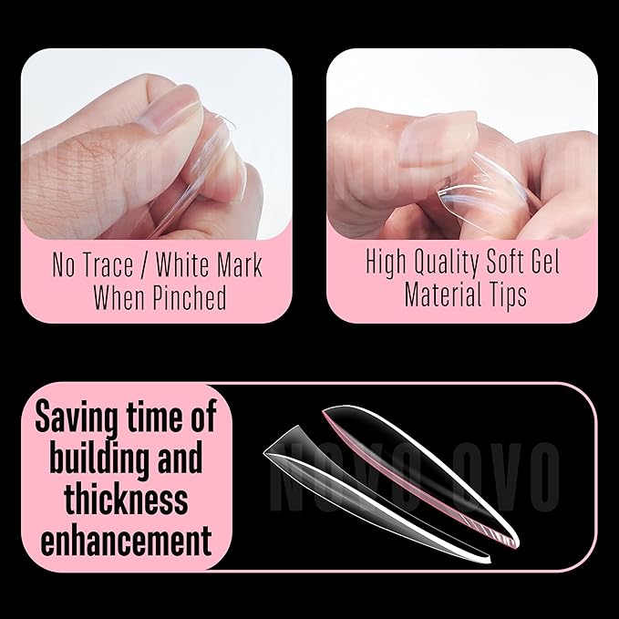 NOVO OVO Long Almond Nail Tips SCULPTED (Not NATURAL) for Curved Nail Beds, Extra Thick L Length False Nails Press on, Full Cover Soft Gel Fake Nail Extension, Salon DIY x 15 Sizes 450 pcs