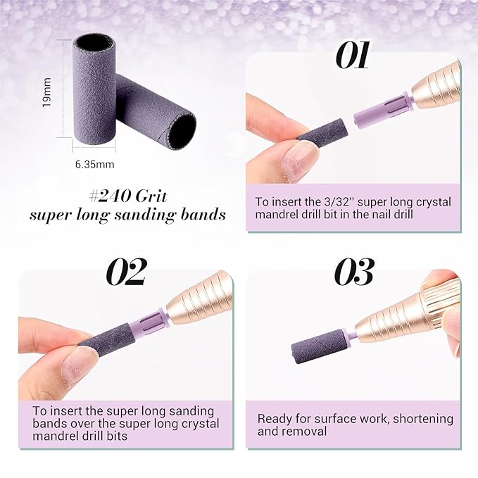 MelodySusie 50 Pcs Nail Drill Bits Super Long Sanding Bands with 6.65mm Crystal Mandrel Bit, 240 Extreme Fine Grit Nail File for Acrylic Nails Gel Manicures and Pedicure, Purple