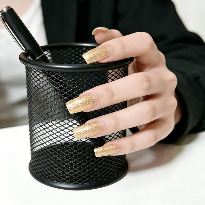 Semi Cured Gel Nail Strips Gold Glitter Nail Strips with UV/LED Required Long Lasting Gel Nail Stickers Includes 22 Strips 2 Prep Pads, Nail File & Wooden Stick