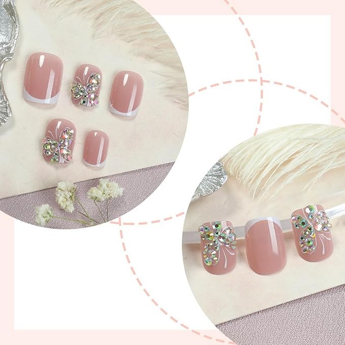 White French Tip Press on Nails Short Square MABKJLF Petite Fake Nails Butterfly False Nails with Rhinestones Designs Glossy Glue on Nails French Manicure Acrylic Nails for Women Girls 24Pcs