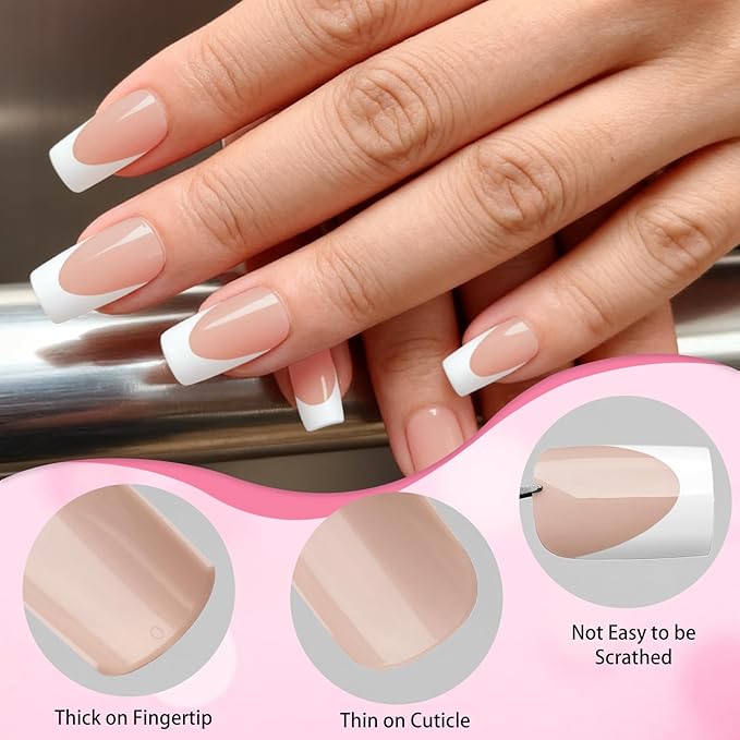 280pc French Tips Press on Nails Medium Square Fake Nail with Glue Tabs, French Tips Glue on Nails Press on Nail Square Acrylic Nails Medium Artificial Fingernails Women Girls Beige False Nails