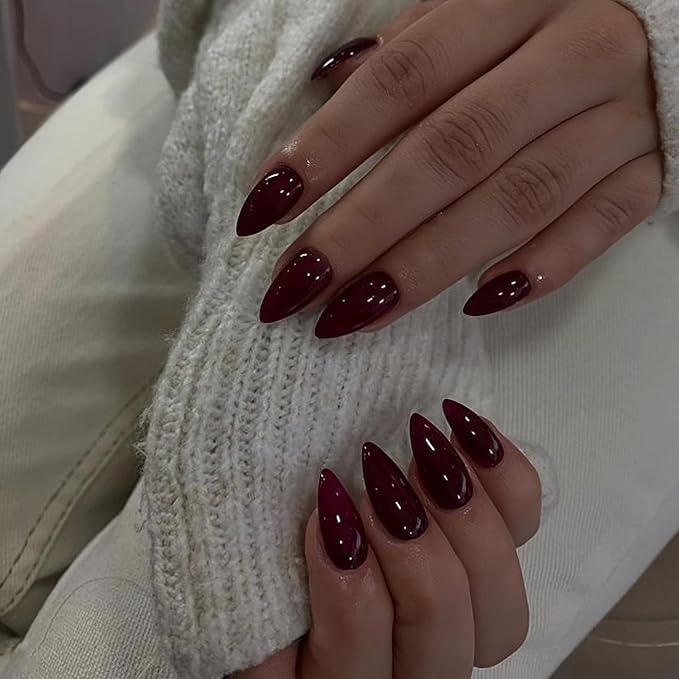 Burgundy Red Press on Nails Almond Shaped Medium Almond Nails Press on Neutral Acrylic Fake Nail for Women Reusable Glue on Nails Medium Length Stiletto False Nail
