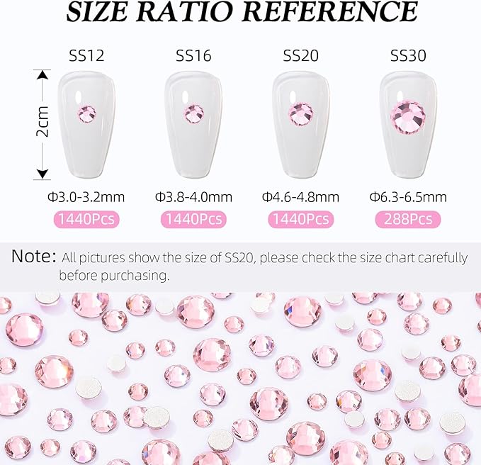 Pink Flatback Rhinestones, Glass Rhinestones for Nail Art and Craft, Glue Fix, Loose Crystal Gemstones(Pink, SS30, 288pcs, 6.4-6.6mm)