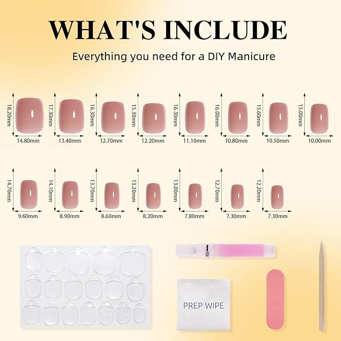 Soft Mocha Nude Press on Nails - Short Square Glossy Nails Press ons for Women, Reusable Warm Nude Glue On Nails 30 Pcs 15 Sizes Fake Nails Kit with Glue, Soft Mocha