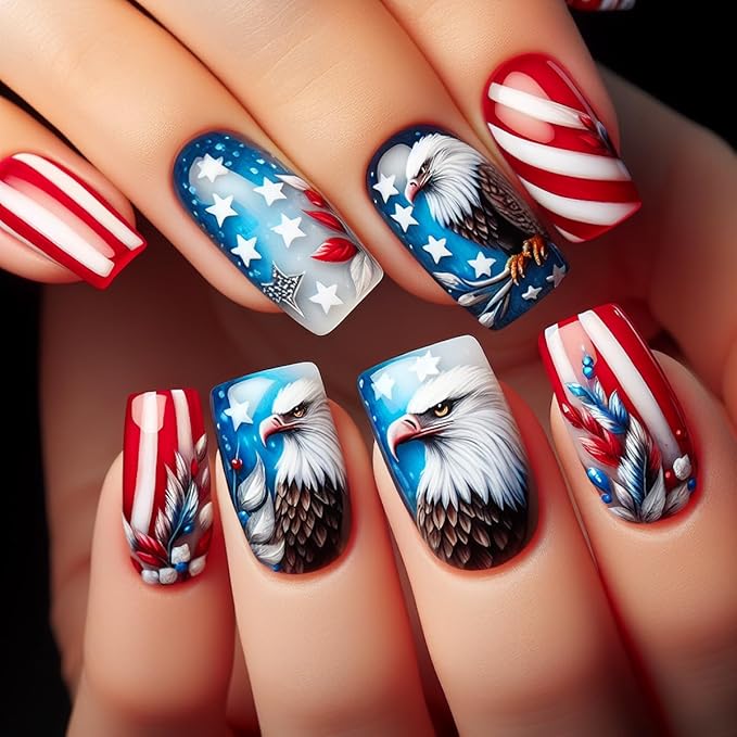 Short Press on Nails Square Owl Fake Nails Independence Day Nails Press ons Full Cover Glossy Stick on Nails with Stripe Designs Independence Day Glue on Nails for Women 24Pcs