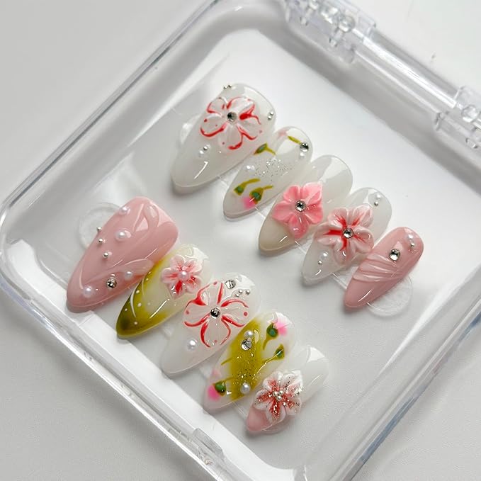Luxury Press on Nails Medium Almond Handmade 3D Unique Reusable ABS Material Fake Nails White&Pink False Nails with Designs Pink Floral Pearls Glossy Glue on Nail Thick Acrylic Nail(S)