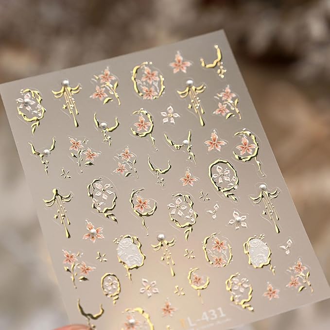 Flower Nail Art Stickers 5D Embossed Spring Nail Decals Floral Nail Stickers for Nail Art Metal Frame Nail Design with Pearl Nail Art Supplies for Women Girls