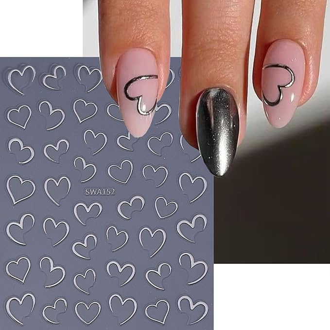 4 Sheets Valentines Nail Stickers for Nail Art 3D Self-Adhesive Gold Silvery Heart Nail Art Stickers Rose Red Holiday Nail Decals Romantic Heart Line Nail Art Supplies Design for Women Girls