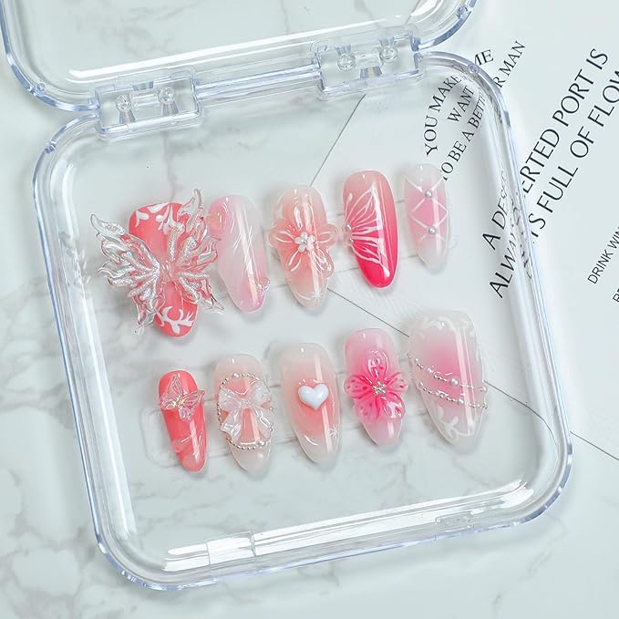 Handmade Press on Nails Pink Medium Almond Fake Nails with 3D Flower Butterfly and Bow Design Luxury Pearl Water Ripple Thick Stick on Nails Muti-Layer Gel Acrylic Nails for Women Nail Art (Size S)