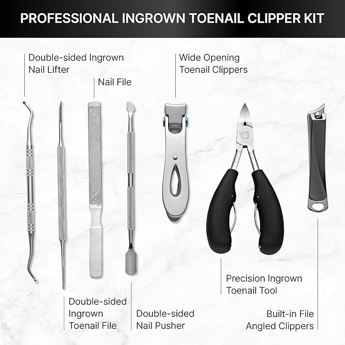 Ingrown Toenail Clippers for Seniors Thick Toenails, 7 Pcs Heavy Duty Large Pedicure Toe Nail Clipper Set with Wide Opening, Includes Nail Cutter, File, Lifter, Cuticle Pusher, Travel Case