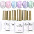 Double Rhythm Cat Eye Gel Polish Set 6 Colors Shimmer Glitter with Magnet Holographic Reflective Magnetic UV Nail Art Kit (Pearl Pink Blue Green Purple 6-Kit 44)