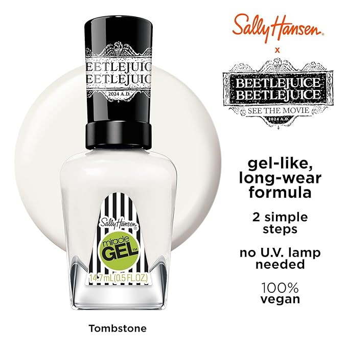 Sally Hansen Miracle Gel Beetlejuice Salon Quality Nail Polish | Gel-Like Formula, Two-Step System, No UV Light Needed, Long Lasting | Opaque, Glossy | 928 Tombstone | White Nail Polish