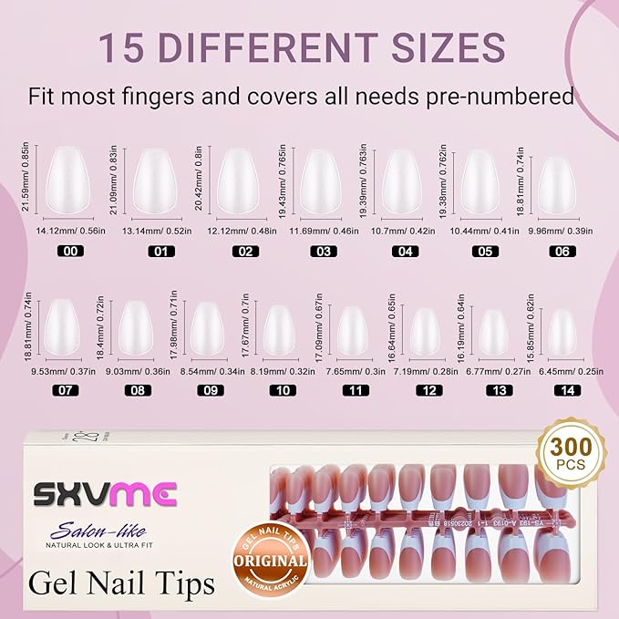 Gel French Tip Nails Short Coffin French Tip Press on Nails SXVME White French Nail Tips 300Pcs Pre-applied Tip Primer Natural Brown Fake Nails Extensions Gel Nail Kit for Women Girls DIY