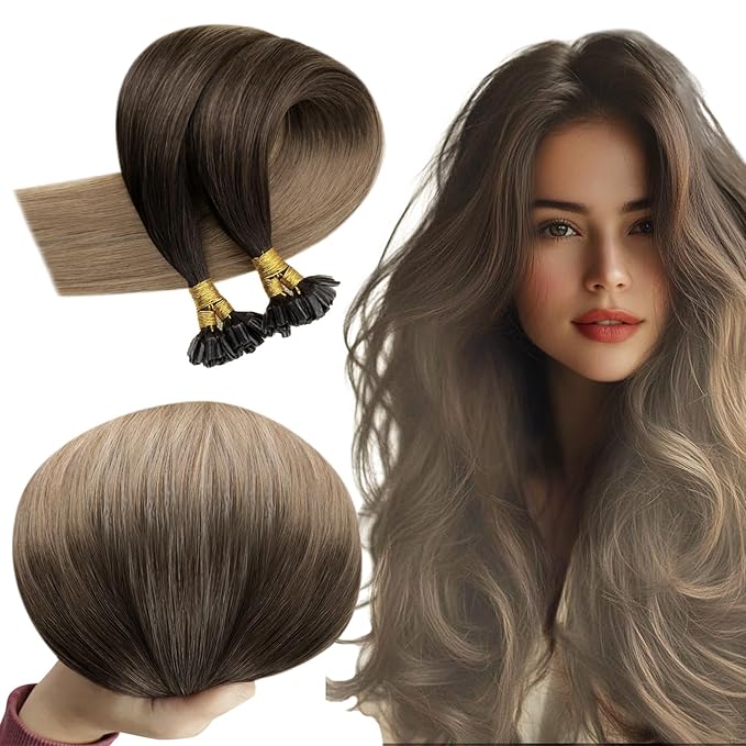 RUNATURE Balayage Hair Extensions U Tip Hair Extensions Real Human Hair Straight K Tip Extesions Dark Brown to Light Brown Balayage Keratin Pre Bonded Extensions for Women, 14 Inch 50g 50s