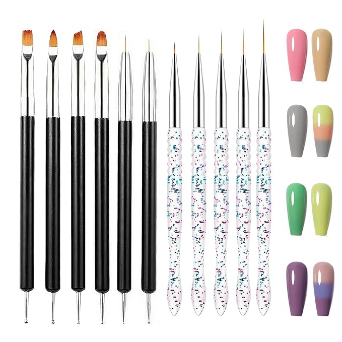 11Pcs Nail Art Painting Tools Set - 6 Pcs Double Ended Nail Art Painting Brsuh Dotting Pen and 5 Pcs Nail Art Liner Brushes