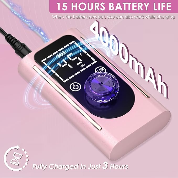 Electric Nail Drill 45000 RPM, Professional Rechargeable Nail File Kit, Portable Nail Drill Machine, Acrylic Nail Kit, Touch Screen Control, for Any Manicure, Pedicure, Pink
