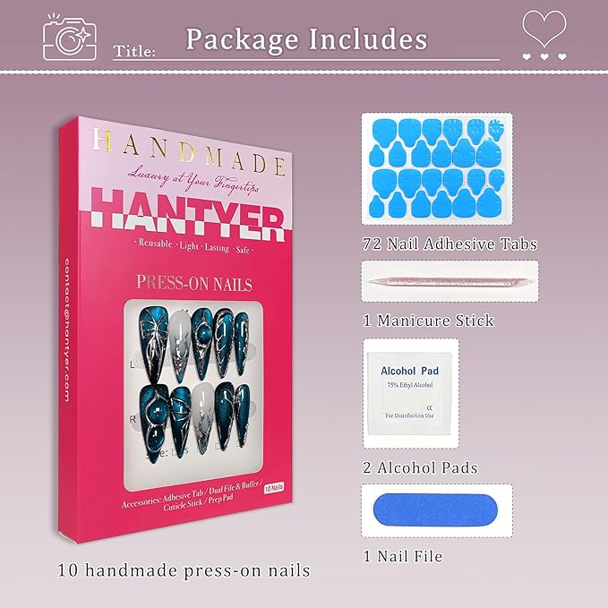 Navy Blue Cat Eye Press on Nails with Hand-Painted Silver Butterfly, Long Stiletto Glossy Edgy Fake Nails, Reusable Sweet & Cool False Nails for Women Night Party Special Event (Size L) ﻿