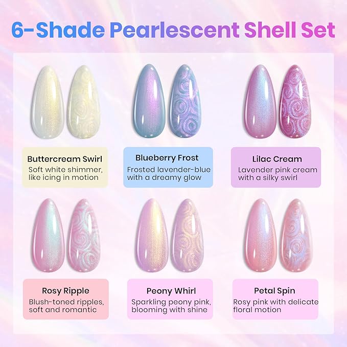 Beetles Gel Nail Polish - Stay Shining Pearly Swirl Shade Set, 6 Colors Mermaid Nail Swirl Shell Thread Effect Polish Soak Off Uv Gel Polish DIY Salon-Quality at Home Gift for Women